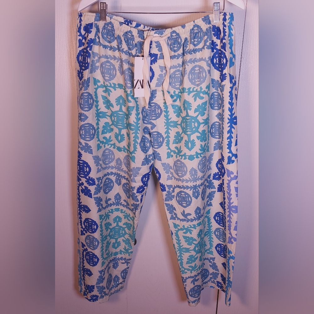 Zara NWT Printed Poplin Cotton Pants Size XXL Wide Leg Trousers Colorful Boho - Picture 9 of 11